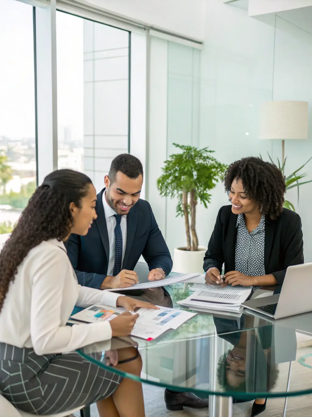 A diverse group of South African professionals collaborating on financial strategies in a bright, collaborative workspace, showcasing teamwork.