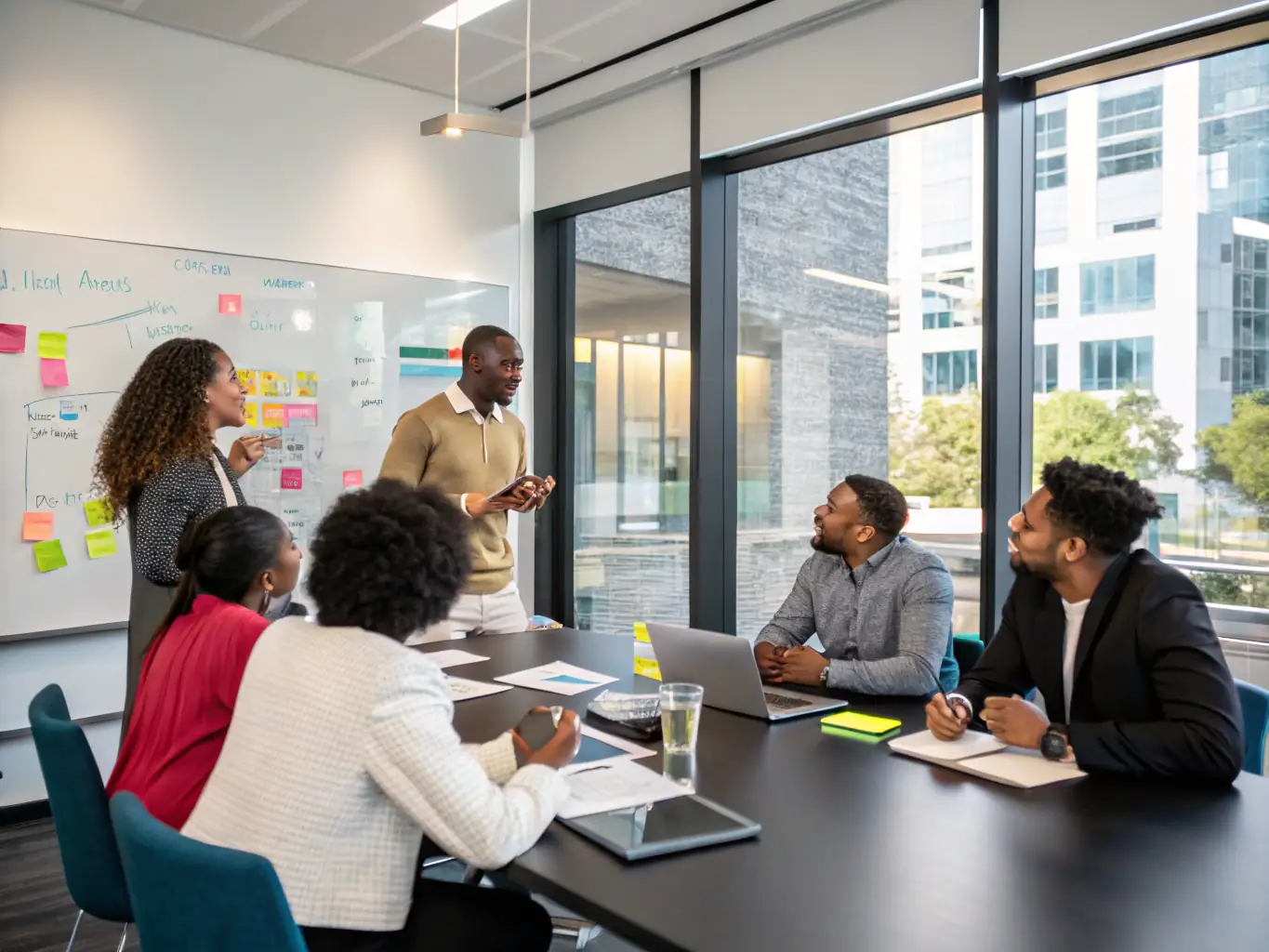 A diverse group of South African business owners collaborating on financial strategies in a modern office setting, representing the power of expert financial advice.