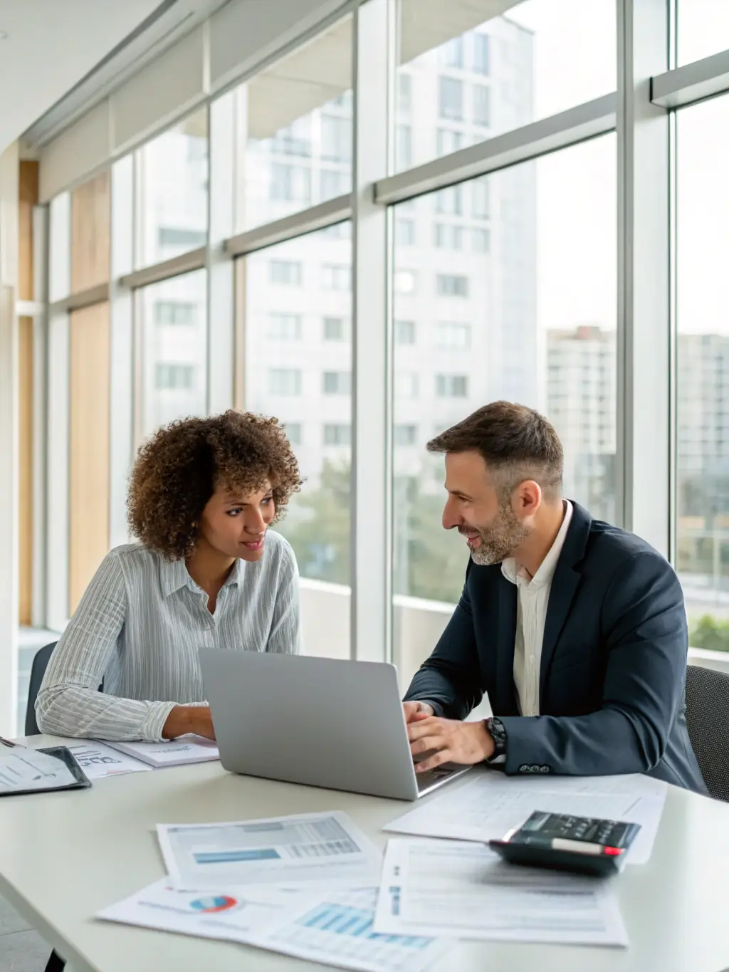 A professional South African financial coach assisting a client with tax documents at a modern office desk, showcasing personalized financial advice.