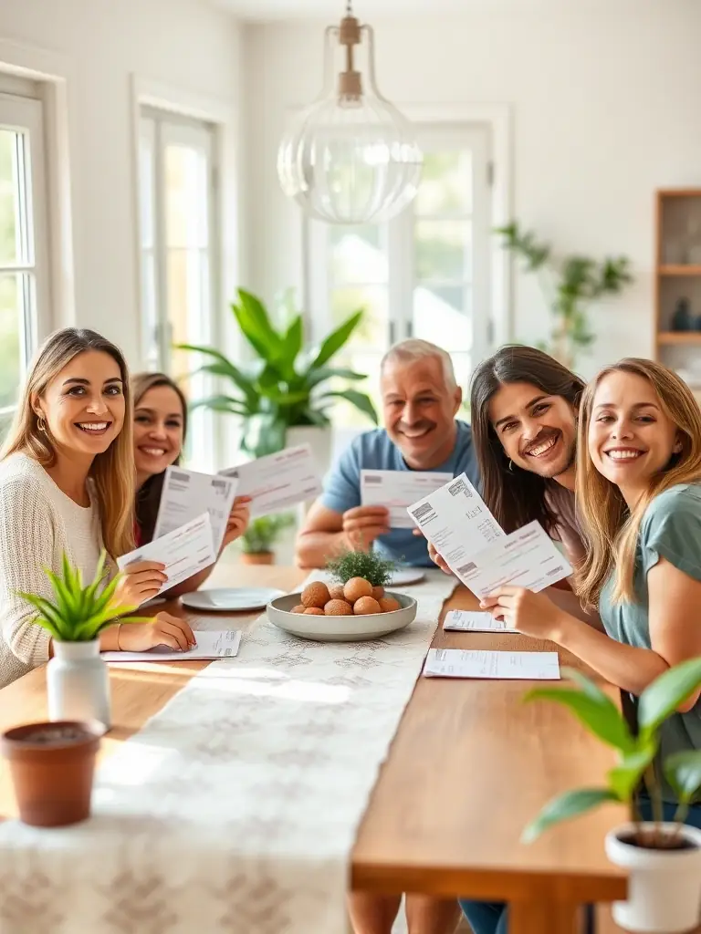 A South African family happily reviewing their budget and financial plan together at their dining table, symbolizing financial security.